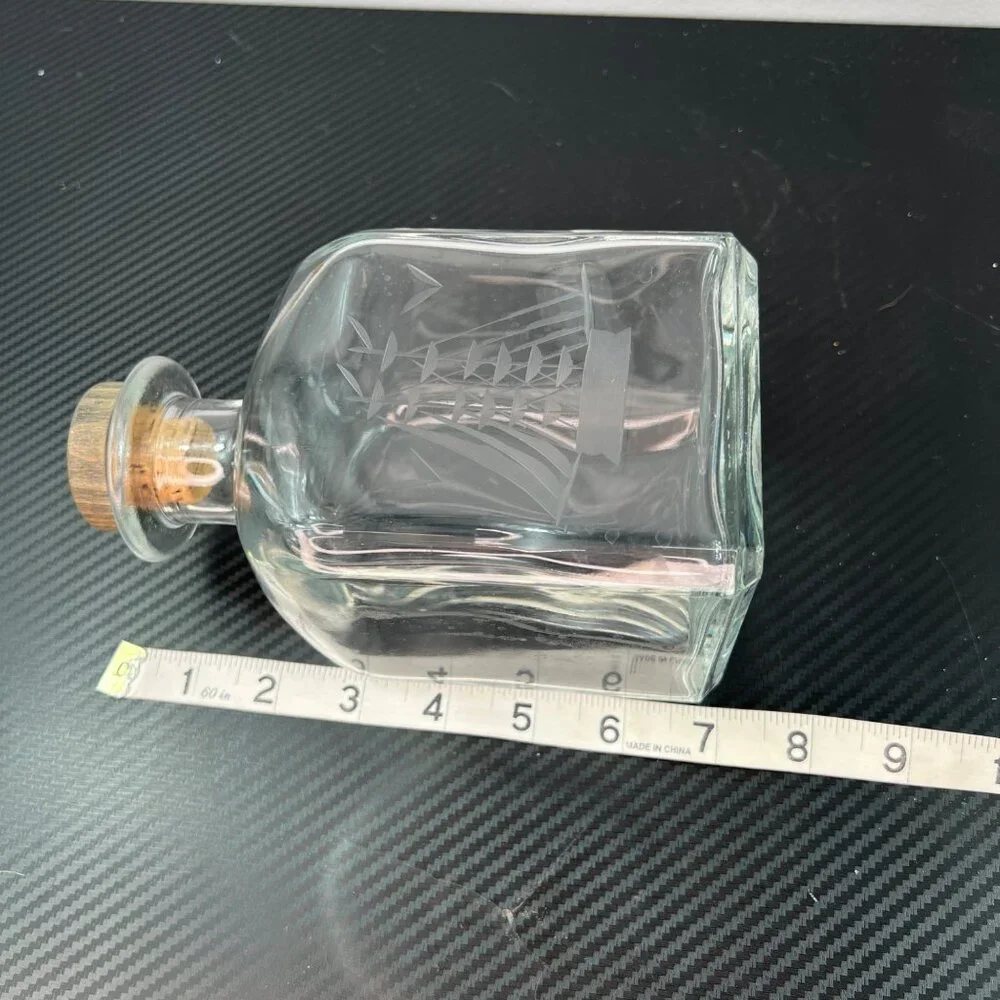 Vintage Liquor Decanter Bottle Nautical Etched Sailboat Schooner Cork Stopper